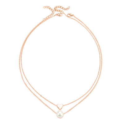 Small Heart & Pearl Double Rose Gold Layered Chain Necklace