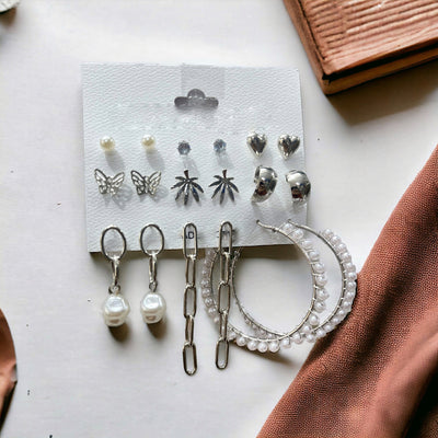 Set of 9 Silver Earrings for Her