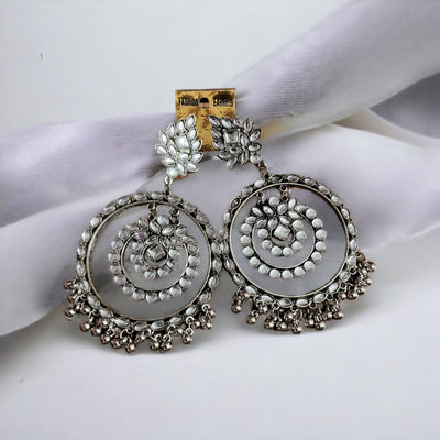 Crystal Droplet Round Silver Oxidized Earring