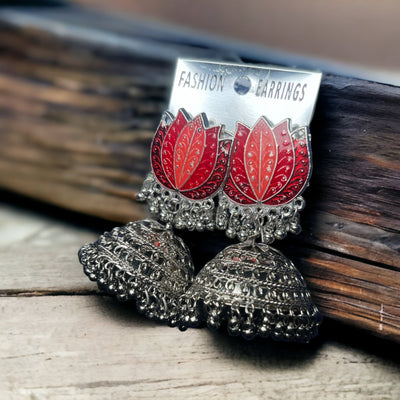 Round Silver and Red Jhumkas